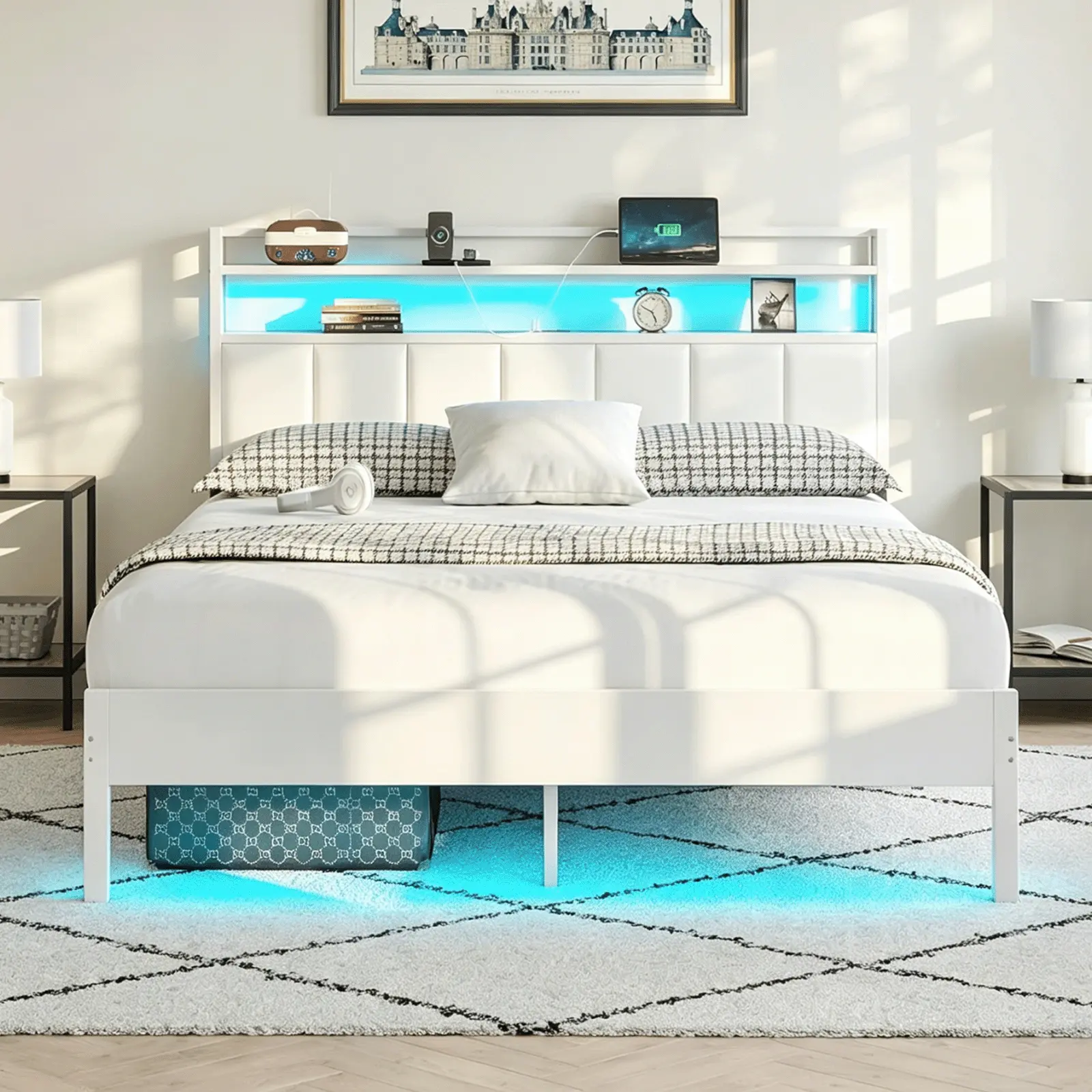 Full Size Bed Frame Upholstered Platform Bed With LED Headboard USB Charging Ports Storage Shelves Heavy Duty Slats No Box Spring Required For Apartment Bedroom Use homemakeover
