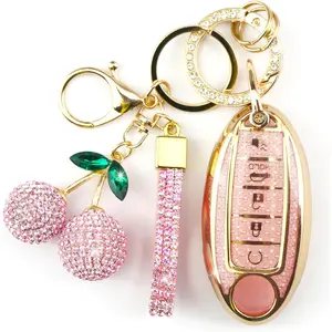 Sparkly Key Fob Cover with Cherry Keychain, Bling TPU Smart Key Case for Women, Compatible with Nissan Altima Armada Maxima Murano Pathfinder Rogue Sedan S