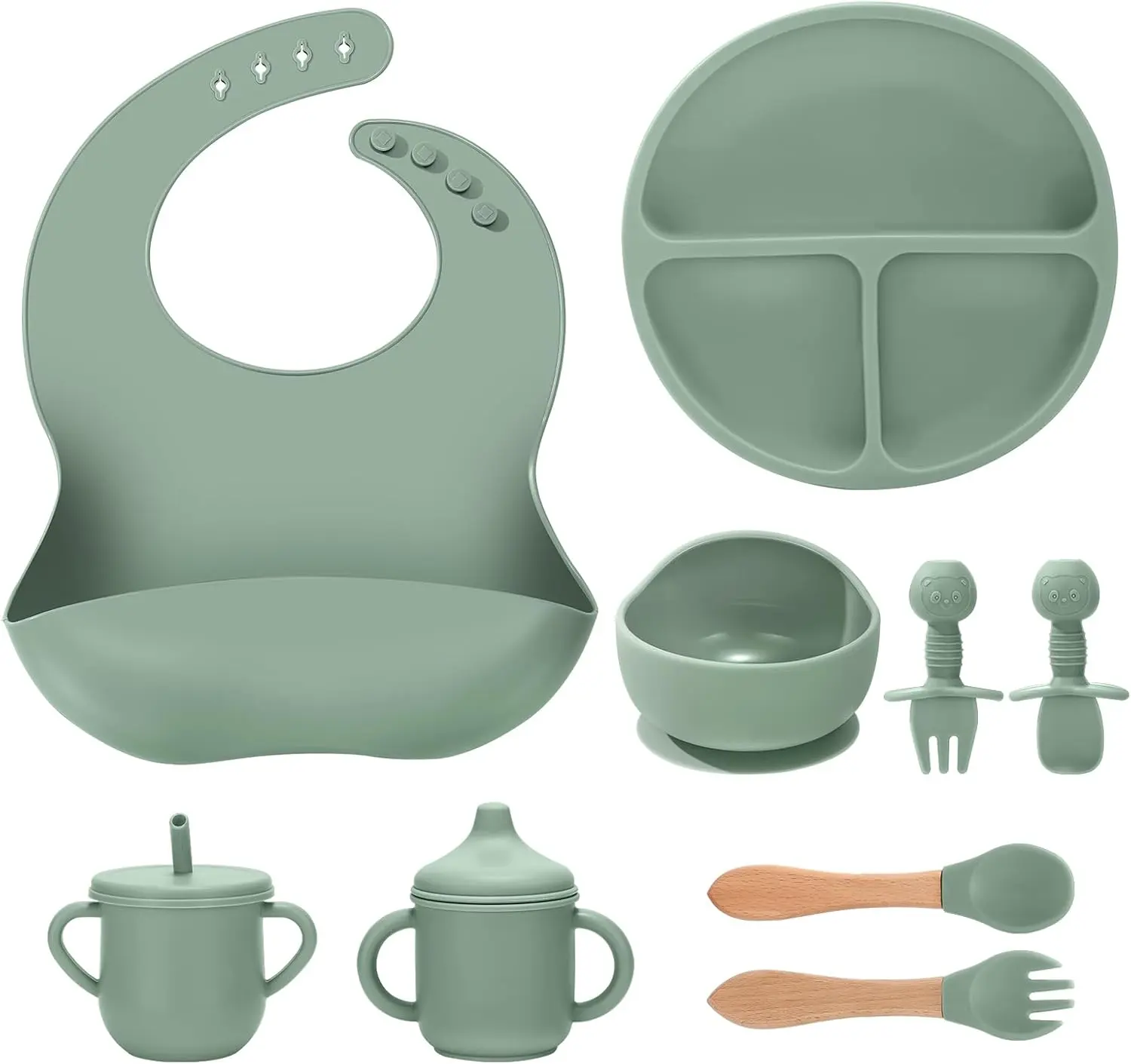 Summer Spring Gifts Silicone Baby Feeding Set 9 Pcs, Spill-Proof Suction Plate, Bowl, Bib, Silicone spoon&forks, Wooden Spoons&forks, Training cup with straw and Sippy Cup, Baby Eating Utensils