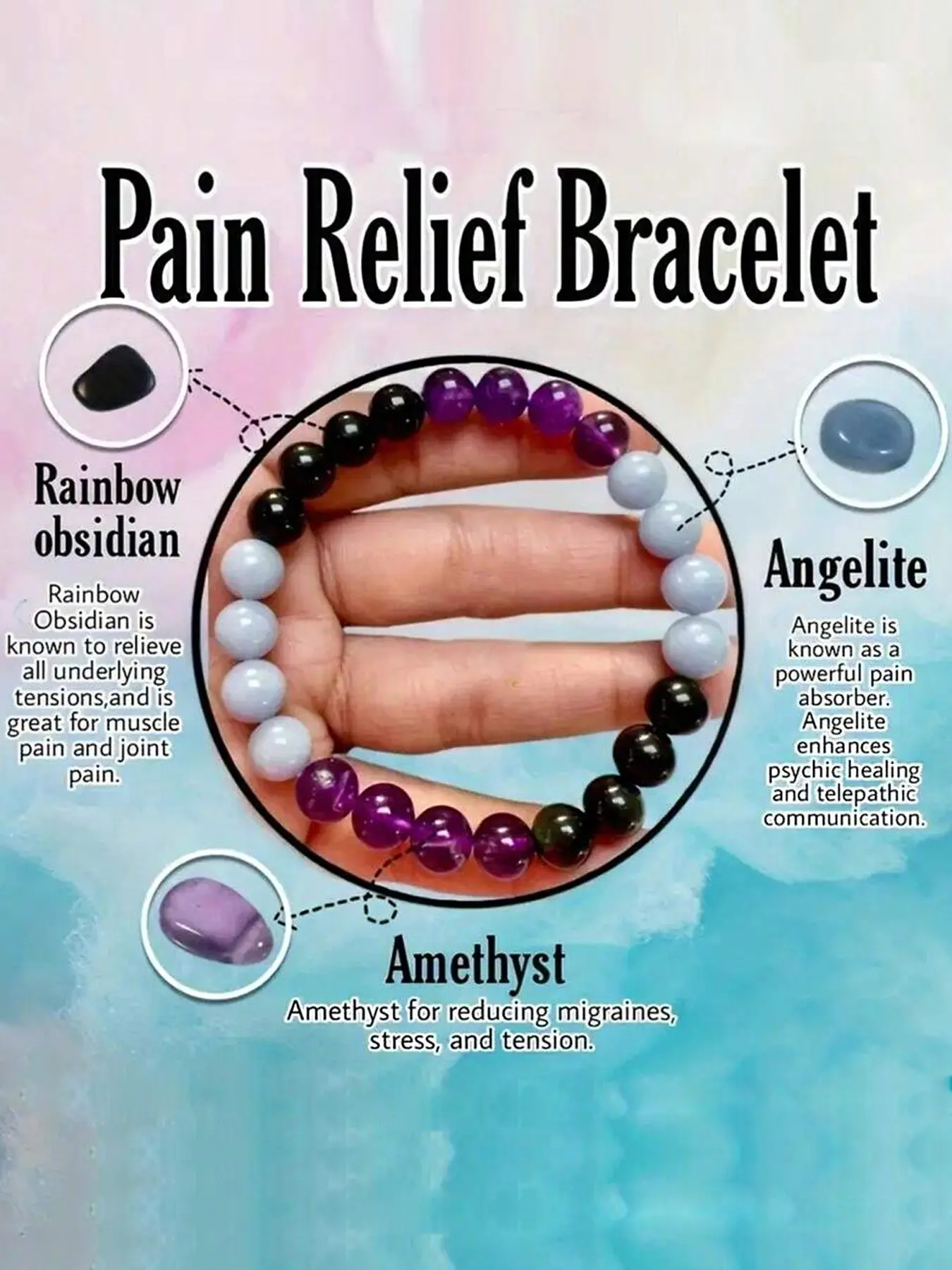 Amethyst Obsidian Angel Stone Energy Bracelet, Healing Crystal, Instant Pain Relief, Stress Relief and Relaxation, Unisex Healing Bracelet for Daily Wear, Therapeutic Qualities, Healing Properties, Spiritual Gift, Elastic Bangle Bracelets