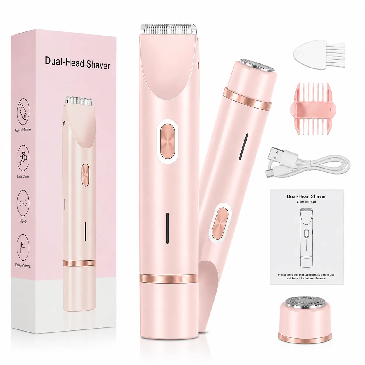 Bikini Trimmer for Women,Rechargeable 2-in-1 Electric Shaver & Razor with Dual Headsfor, Bikini Line, Face & Legs