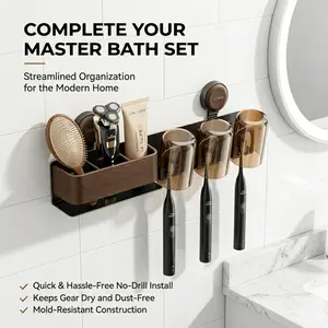 Space-Saving Anti-Bacterial Wall-Mounted Toothbrush Holder - Punch-Free 3-Compartment Organizer with Storage Function, Includes Soap Bar Holder for Bathrooms, Dorms, Anti-Bacterial Toothbrush Holders