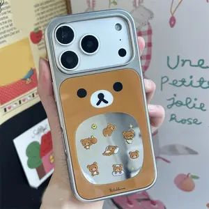 Korean Ins Cute Rilakkuma Cartoon Cute Silver Framed Mirror Couple Phone Case For iPhone 17 16 15 14 PRO MAX Y2K Janpan Cover