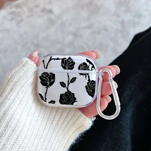 Black Rose Pattern TPU Soft Protective Case for Apple AirPods 4/3/2/1/Pro/Pro2 Transparent Earphone Cover with Keychain Attachment