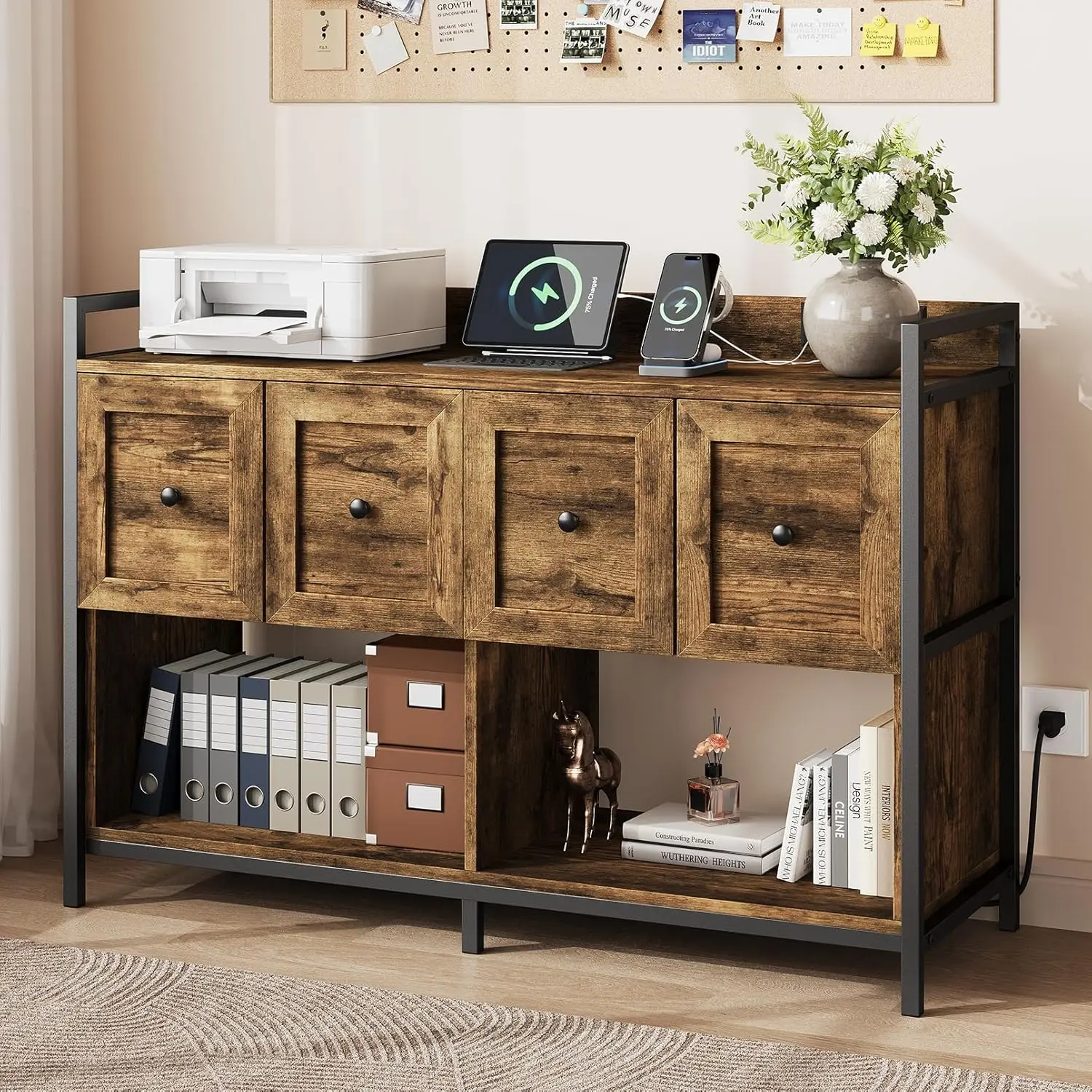 Filing Cabinet for Home Office, 43" Wood File Cabinet with Power Outlet, 2 Drawers, 2 Storage Shelves, Lateral File Storage Fits Legal/Letter/A4 Size, Printer Stand w/ Bookshelf Organizer