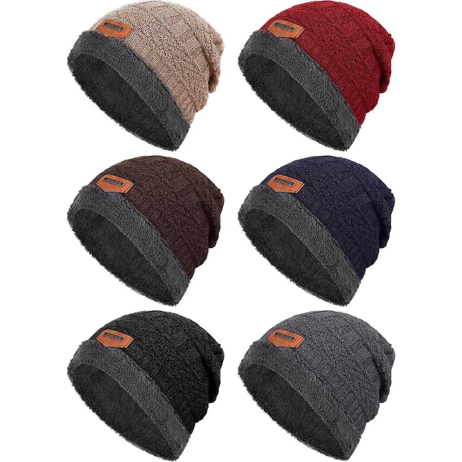 6 count Winter Slouchy Beanie Bulk for Men Women, Fleece Inner Warm Hat Thick Skull Cap Knit Beanie Winter Hats
