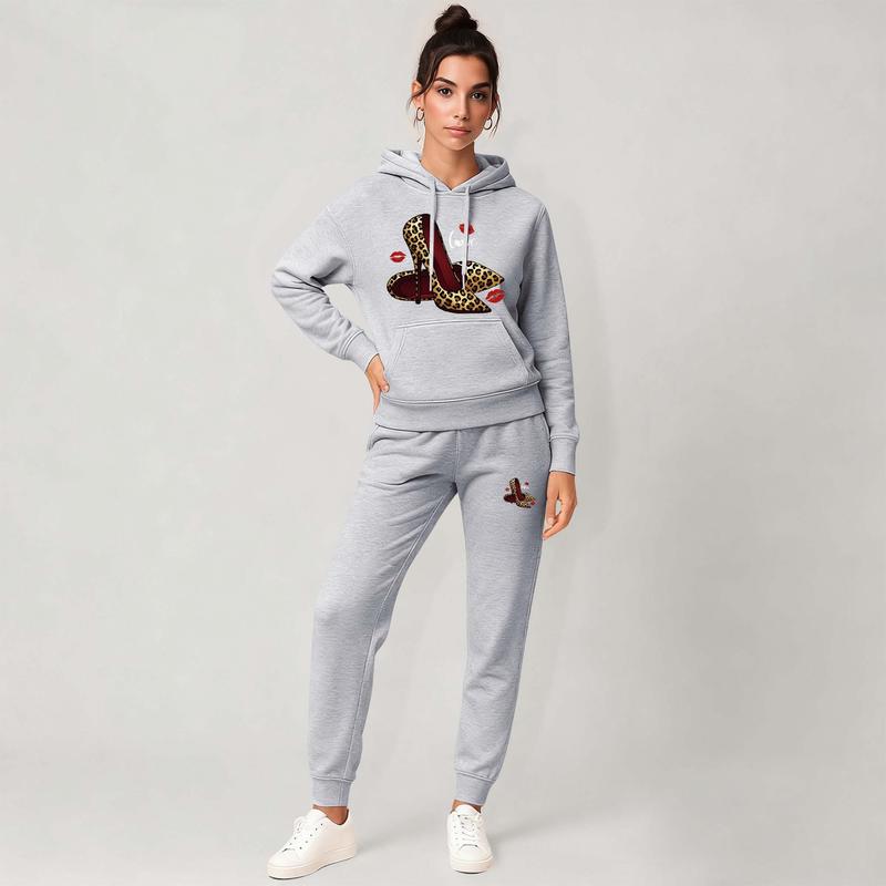 Women's Leopard Print Love High Heels Hoodie And Drawstring Track Pants Set, Casual Sportswear, Long-Sleeved Hooded Jacket And Pants, Suitable For Autumn And Winter, Everyday Wear, Indoor And Outdoor Sportswear, Casual Sportswear.