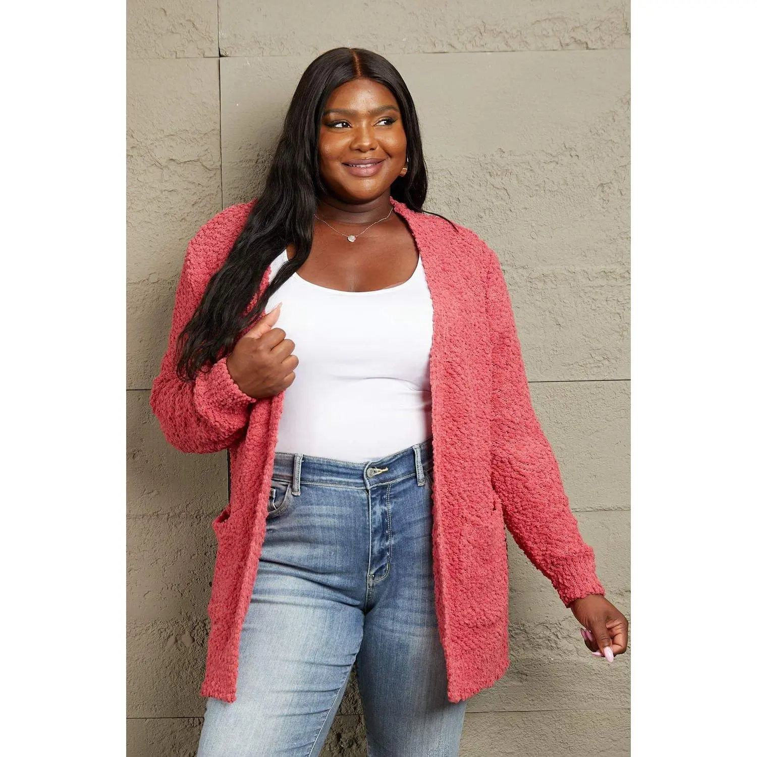 Zenana Falling For You Full Size Open Front Popcorn Cardigan
