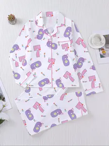 Women's Six Seven Sleepwear Loungewear Set, Long Sleeve Fitted Button-Up Top & Elastic Pants, Casual All-Season Comfy Home Wear, Comfortable Ladies' Pajamas