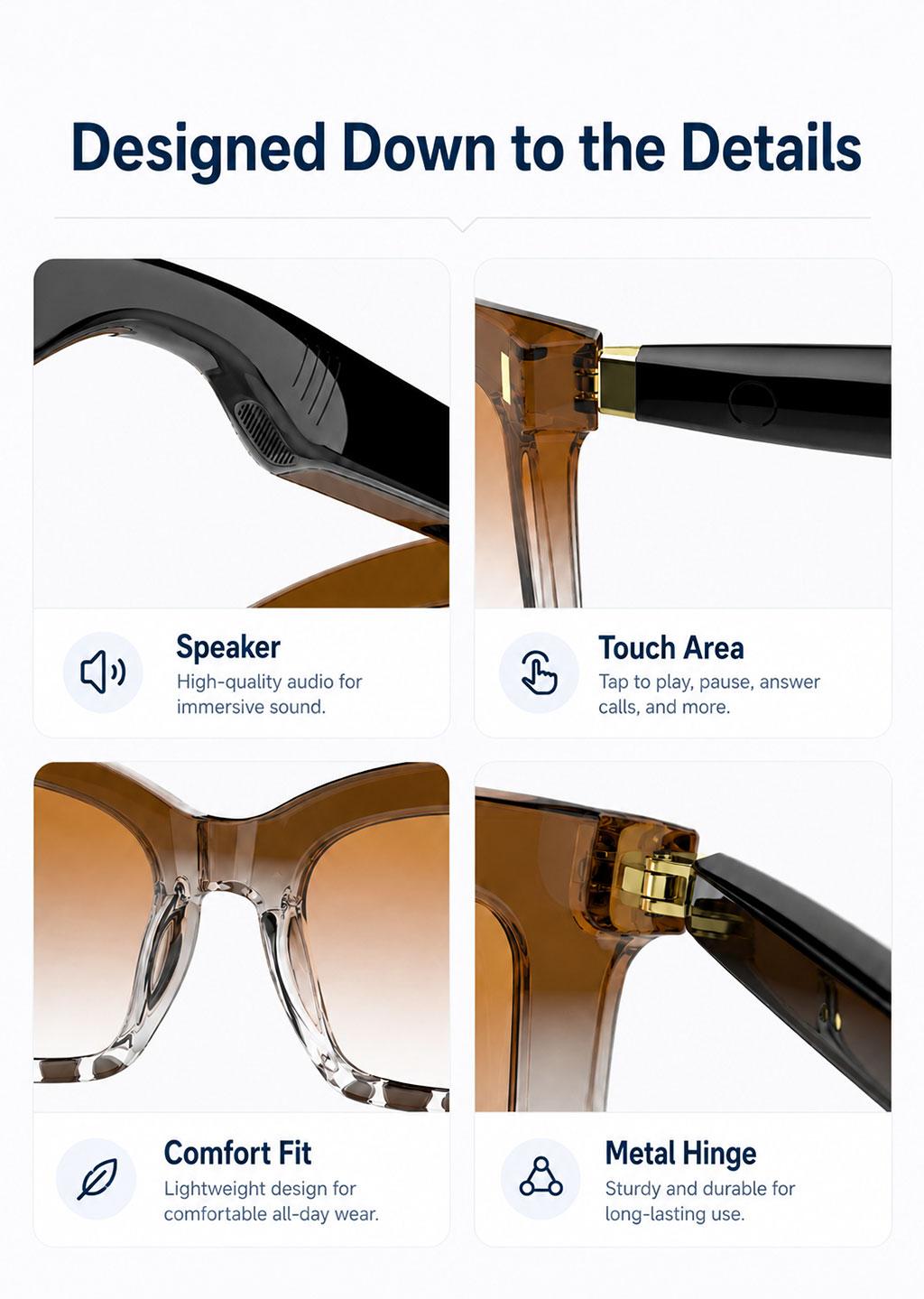 Smart Bluetooth Glasses, Bluetooth Audio Glasses, Auto Power On When Worn, Bluetooth Headset Sunglasses, Open-Ear Audio, Hands-Free Calling, Music Playback, Touch Control, Voice Assistant, Women's Sunglasses, Beach Sunglasses, Holiday Gift tiktokshopbackt