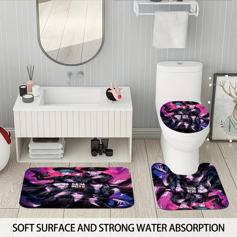 K-POP Demon Hunters Bathroom Set, Including Shower Curtain with 12 Hooks, Non-Slip Bath Rug, U-Shaped Toilet Mat, Toilet Lid Cover, Bathroom Decoration Accessories