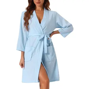 cheibear Women's Mid-Length Two Pockets Soft Spa & Bath Waffle Robes With Belt Large Sky Blue