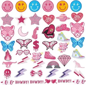 48 Pcs Pink Preppy Iron on Patches for Girls Cute Sew on Patches Y2k Applique Embroidered Repair Decorations DIY Accessories Craft for Backpack Hat Jackets Jeans Dress