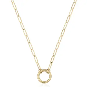 14K Gold Plated Open Circle Carabiner Link Paperclip Necklace with Charm Holder Pendant, Jewelry Gifts for Women