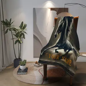 Customizable Galloping Horse Blanket with Personalized Name - Contemporary Reversible Flannel Throw for Sofa, Bed, Travel, Camping, Living Room, Office - Ideal Gift for Christmas, Trips, Graduations, Weddings, Parties - Animal Theme, All Seasons