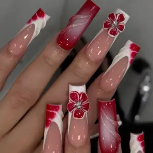 24 Pcs 3D Gradient Coffin Nails, Floral Design with Rhinestones, Glossy Reusable False Nails, Y2K Style, Party & Daily Wear, Glossy Fake Nails