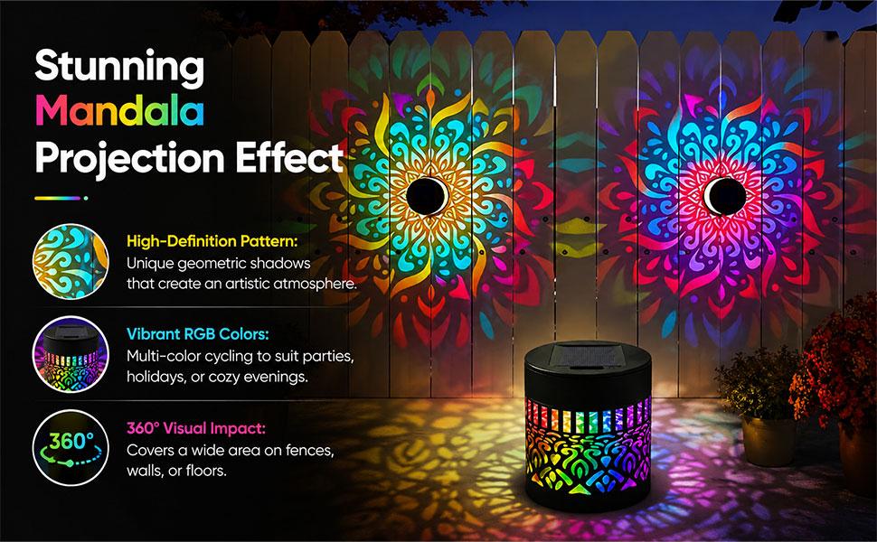 Sturdy Metal RGB Solar Mandala Projector Wall Lamps - Solar-Powered IP65 Waterproof Fence Lights with Artistic Glow, RGB Lights for Garden Halloween Decor, LED Outdoor Lighting