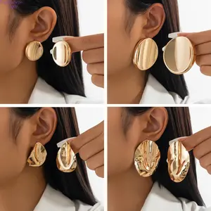 Bold Irregular Oval Stud Earrings INS Trendy Metallic Pleated Smooth Solid Surface Dainty Statement Retro Geometric Texture Fashion Unique Designer Jewelry Stackable Stylish Accessories for Women Daily Party Street Dating Club Casual Evening Outfit Wear