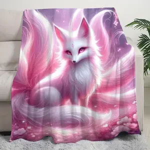 1Pc Pink Nine-Tailed Fox Series Flannel Blanket - Contemporary Mystical Fox & Cherry Blossom Design, Soft Machine-Washable All-Season Cozy Throw For Home Decor, Fantasythemed Decor, Intricate Pattern Craftsmanship