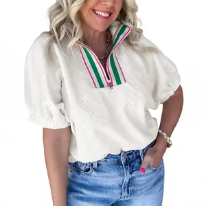 Women's Summer Blouses White Contrast Striped Collar Patchwork Textured Half Sleeve Top for Ladies