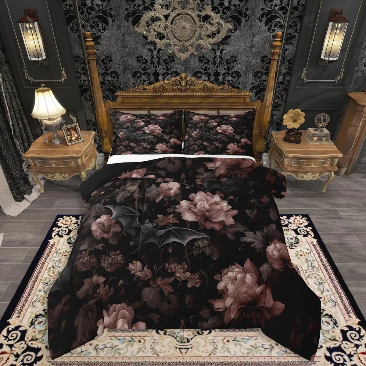 Feelyou Queen Size Comforter Set - Soft Microfiber Gothic Floral Moody Bedding with Bat Design, Vintage Victorian Baroque Quilt for Halloween Decor, Multi-Size Home Bedroom Boutique Style Duvets & Bed Sets