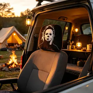 2 Pcs Horror Movie Michael Myers Car Headrest Covers, Dark Halloween Slasher Style Auto Headrest Protectors, Universal Washable Black Interior Accessories for Modified Vehicles
