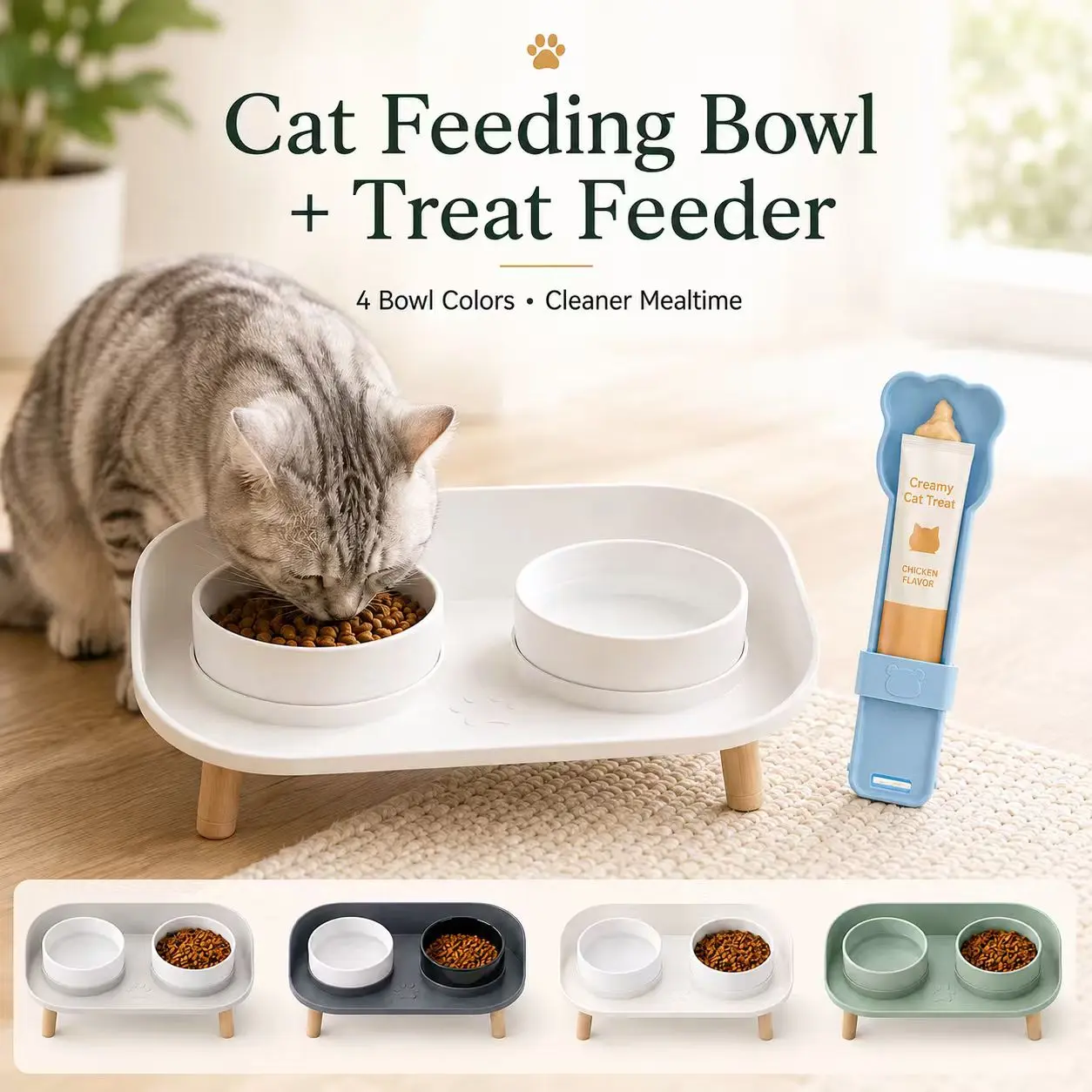 2-in-1 Elevated Pet Feeding Set with Dual Bamboo Fiber Bowls + Cat Treat Squeezer, Non-Slip Raised Feeder with Removable Bowls, Easy-to-Clean, Mess-Reducing for Cats & Small Dogs