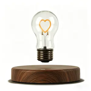 Magnetic Levitating Heart LED Bulb Lamp with Wood Base, Floating Anti-Gravity Light Bulb, Wireless Glowing Night Light for Bedroom Desk Decor, Romantic Unique Gift for Her/Him