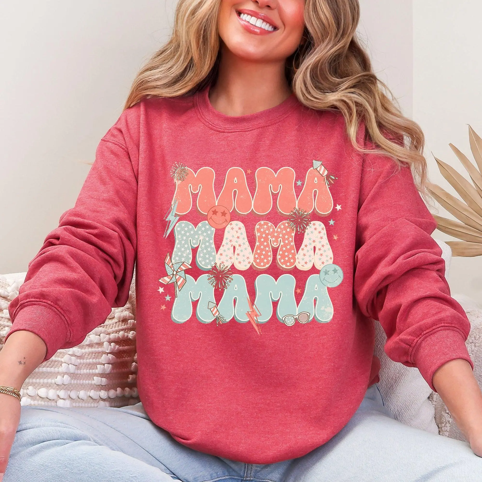 Mama Patriotic 4th of July Fireworks Retro USA America Premium Cozy Fleece Sweatshirt