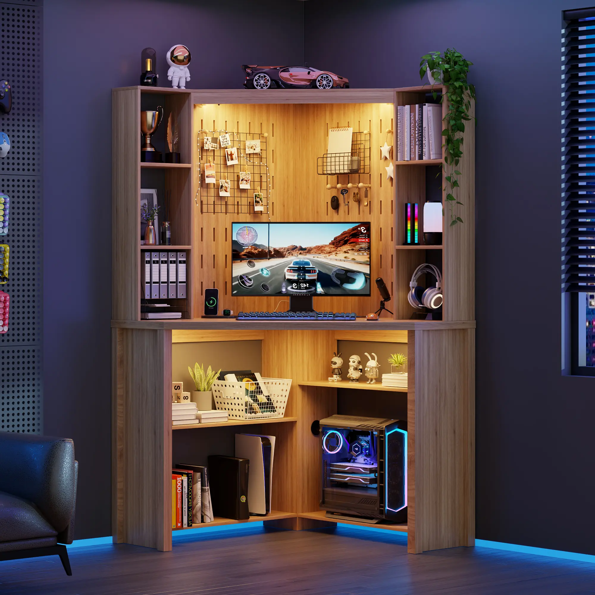Lvifur Corner Computer Desk with LED Lights, L Shaped Study Desk with Hutch & Shelves, Triangle Home Office Desk with Charging Station for Work & Study, File Cabinet Bookshelf for Small Space