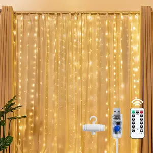300 LED Curtain Lights with Remote & Timer, USB Fairy String Lights, 8 Lighting Modes, Dimmable Window Lights for Bedroom, Dorm, Wedding, Party Decor（Multicolor/Warm White）