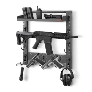 VEVOR Gun Rack Wall Mount, Heavy Duty Steel, Indoor Rifle Shotgun Rack with J-Hooks, Additional Tray Storage, Gun Accessories Display Storage Holder, Hold Up to 3 Rifles or Shotguns, for Tactical Gear