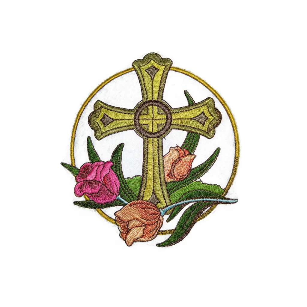 Cross with Tulip Embroidered Patch (5" x 5.15") Sacred Floral Cross Iron-On or Sew-On Felt Design, Made in USA