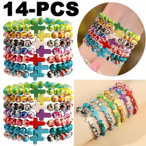14Pcs Bohemian Bracelets Set Colorful Stone Stackable Beaded Boho-Chic Bracelet Charm Vacation Cross Handmade Elastic Bangle Multi-layer Women Vacation Travel Beach Bracelets Ethnic Jewelry