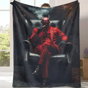 Dark Devil Gentleman Flannel Blanket Red Suit Smoke Art Print Design Soft Warm Cozy Texture for Bedroom Decor Living Room Accent Halloween Party Ambience Gothic Gift Choice Lounge Sofa Throw Use