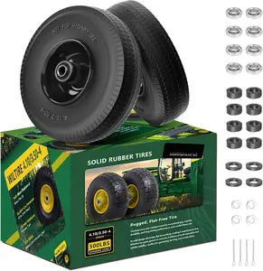 (2 Pack) 4.10/3.50-4 Flat Free Tire and Wheel 10-Inch Solid Wheel Replacement with 5/8 Extra 3/4 &1/2 Bearings,2.2" Offset Hub -Compatible with Hand ,Wheelbarrow(Wave,Black)