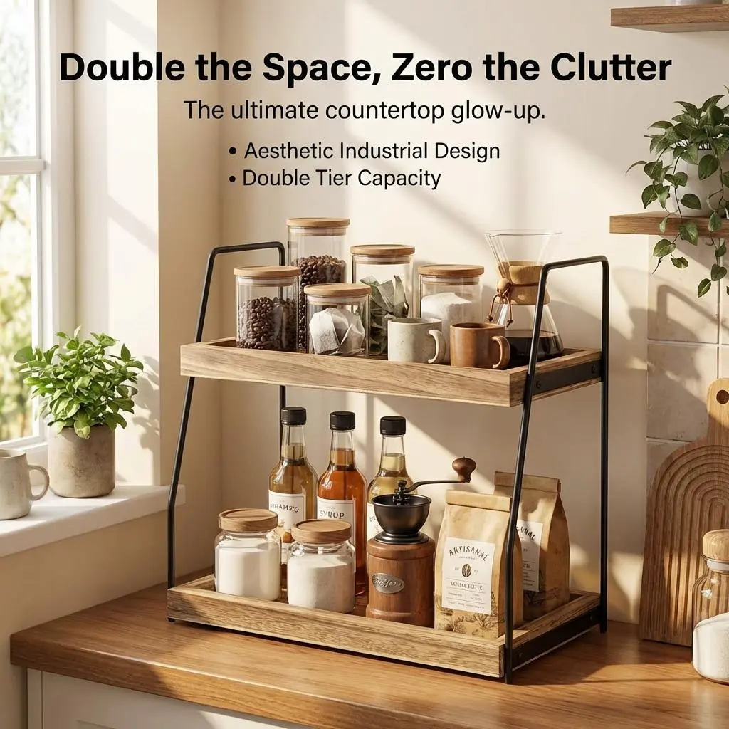 2-Tier Bathroom Countertop Organizer, Rustic Wood Standing Rack for Vanity, Kitchen & Cosmetic Storage, Double Layer Counter Shelf Holder holiday makeup multifunctional vanity shelf multilayer deal