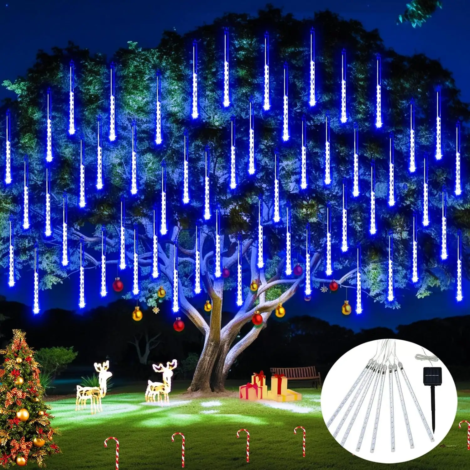 JMEXSUSS Solar Christmas Lights Outdoor Waterproof, Solar Meteor Shower Rain Lights, 8 Tube 144 LEDs Solar Icicle Tree Lights for Yard Patio Xmas
