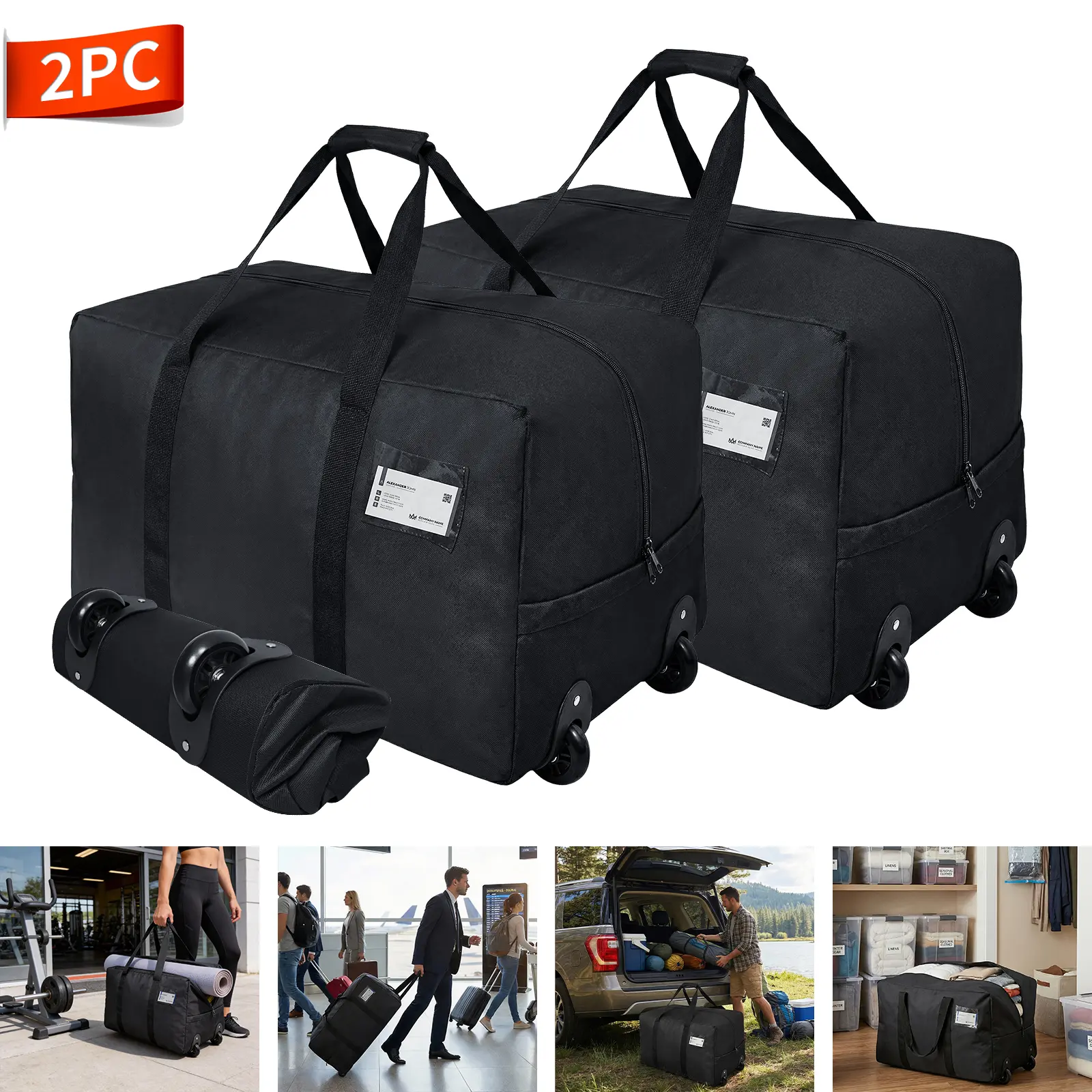 2 Pack 92L Rolling Duffle Bags for Adults, Heavy-Duty Ripstop Oxford Luggage Set with Rubber Wheels, Large Foldable & Portable for Travel