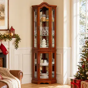 Eyisean Corner Curio Cabinet, 70.5" H Lighted Glass Display Case with 5 Adjustable Tempered Glass Shelves, Wine Cabinet Rack for Bar and Liquor Storage (E26 Bulb Not Inclued)
