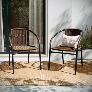 EMMA + OLIVER 2 Pack Medium Brown Rattan Indoor-Outdoor Restaurant Stack Chair with Curved Back