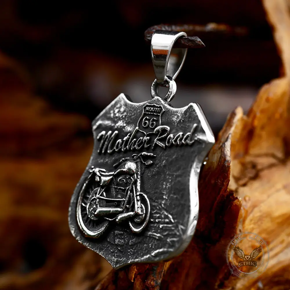 GTHIC Unisex Stainless Steel Shield Shape Necklace, Americana Punk Engraved Route 66 Bike Pendant, Daily Wear Biker Neck Ornament for Weekend Rides & Holiday Gifting, Necklaces, Engraving