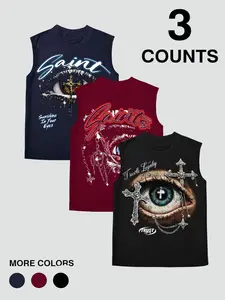 Men's Gothic Eye & Cross Chain Graphic Print Sleeveless Vest, Breathable Loose Streetwear, Perfect for Gym and Summer