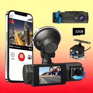 Triple Channel WiFi Dash Camera 1080P Car DVR with 32GB Memory Card Rear Camera WiFi Connection APP Control IR Night Vision G Sensor Full HD Camera Built-in Wifi Motion Detection 24-hour Parking Monitoring Recorder
