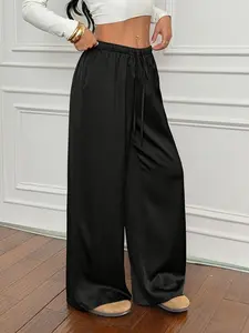 Women's Spring Autumn Casual Elastic Waist Drawstring Satin Smooth Wide Leg Long Pants, Versatile Retro Style, Comfortable and Stylish