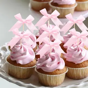 10pcs Pink Bow Cupcake Topper Plugin Dessert Baking Decoration Birthday Themed Party Cake Top Cover Bow Dessert Topper Decor