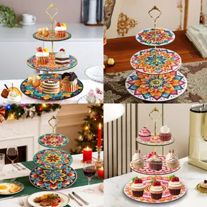 DIY Diamond Painting Art 3-Tier Rotating Cake Stand Tray for Weddings Birthday Parties Thanksgiving Valentine's Day Dessert Cake Display Baking Layered Tray Holder Table Decoration Halloween Christmas Table Decoration 9.6x13in Fiberboard Frame
