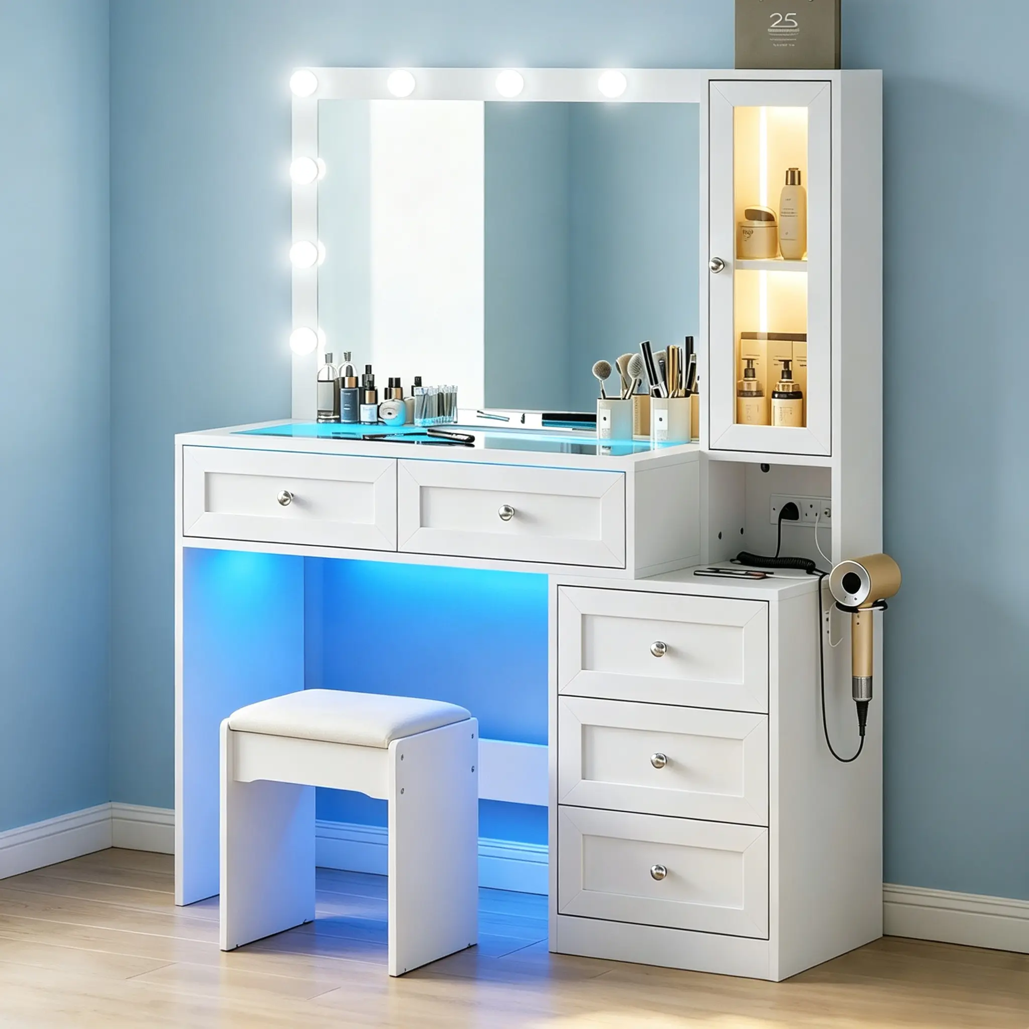 CollaredEagle Lighted Vanity Table with Mirror, 11 LED Bright View, USB-Type-C Ports, Soft Seat Cushion, Glass Top, Drawer Storage & Brightness Adjustment for Bedroom Dressing Station