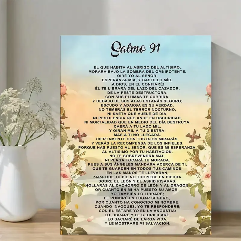 1-Piece Bilingual Spanish-English Biblical Themed Psalm 91 Wooden Framed Ink Canvas Wall Art, Retro-Vintage Decorative Print with Flowers & Sky, Modern Classic Ready-to-Hang Home Office Decoration, Ideal Gift, Biblical Themed Prints