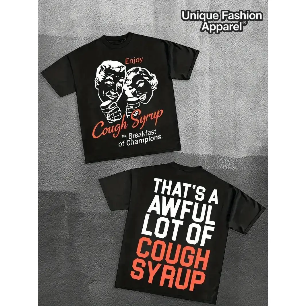 JUICEBUSTERS AWFUL COUGH SYRUP, (7.76 oz, 100% cotton T-shirt) [For tops only] Men's basic T-shirt, loose fit, street style, hip-hop style, neutral fashion, short sleeves, comfortable casual wear. graphic tee graphic tees